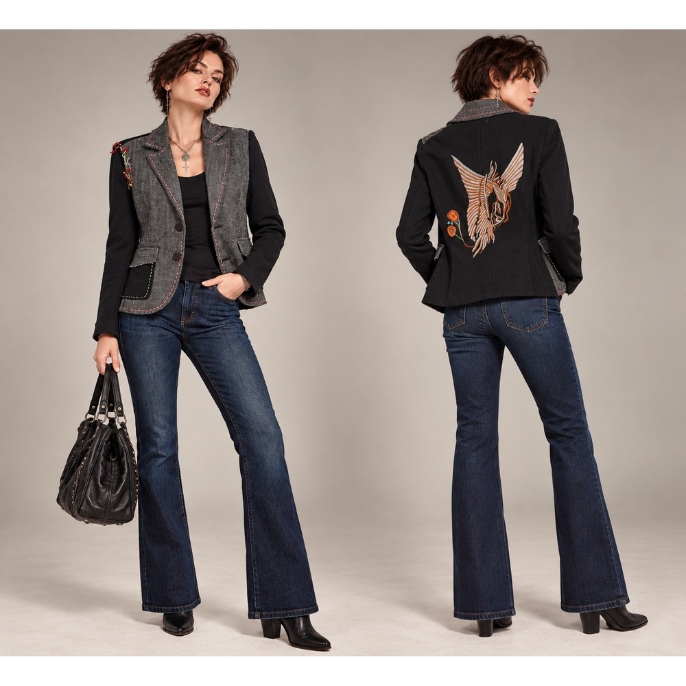 Sharagano M Black Gray Herringbone Embroidered Phoenix Jacket